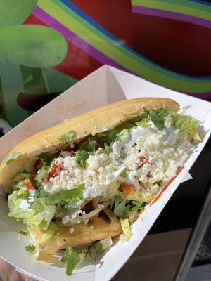 Torta - Mexican sub. Served on a hoagie roll and topped with OMG toppings + jalapeños. 
We're not just tacos!!