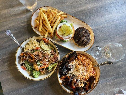 Pasta primavera with blackened shrimp, spicy mussel pasta, and make it your way burger!