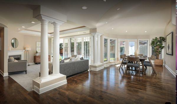 Saratoga, dining room, living room, hallways; Maple wood, 1500 square feet; repair & spice brown stain.