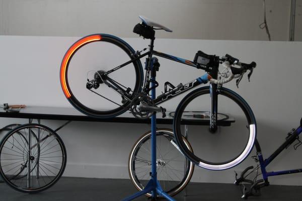 Custom orange and white Revolights from the Kickstarter project.