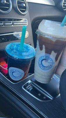 tea: blue blast + rainbow candy protein shake: vanilla base + chocolate chip