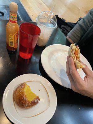 Last bite of my delicious breakfast burrito and half of my apricot danish
