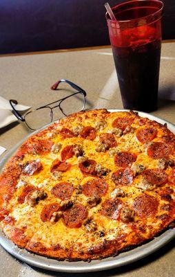 7/31/23 Sausage and pepperoni small size little bigger than the individual because I went with the real thin crust delicious though.