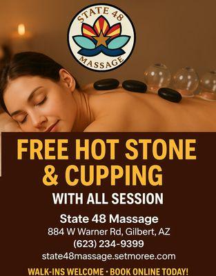 FREE HOT STONE & CUPPING!
Included with Every Massage Session
Relax deeper.
Recover faster.
Feel better -- at no extra cost.