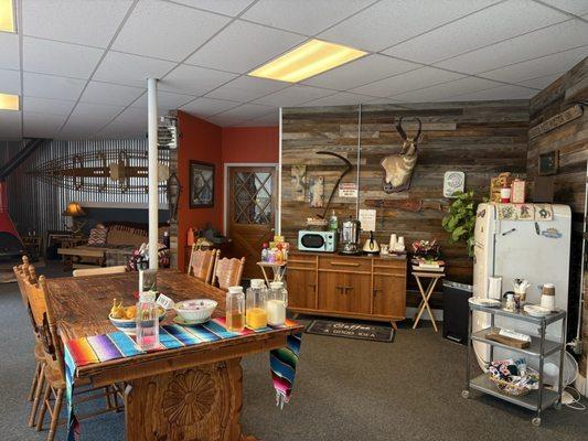 Coffee options with small bites served in morning