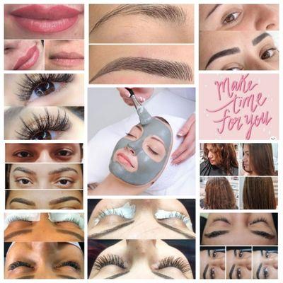 Hairstyle, eyelash extension, microblading, microshading, brow shaping and tinting, body and face waxing