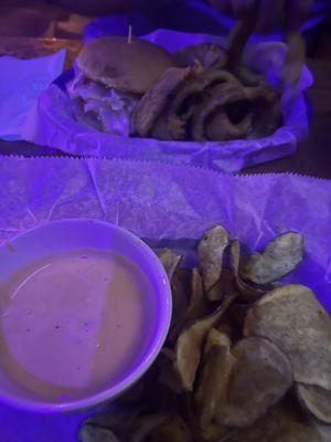 Beer Cheese & Homemade Chips App with Pour Boyz Burger & Onion Rings