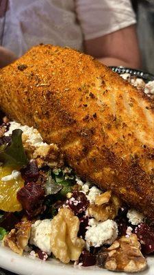Blackened salmon over the roasted beet and goat cheese salad