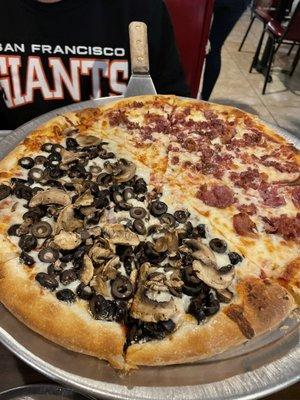 Large pizza- half mushroom olive/ half bacon