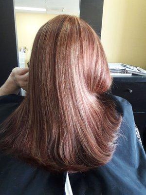 How about an auburn color with warm lights to accentuate the length