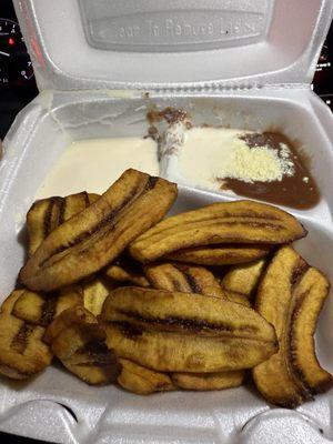 Plátanos, frijoles and crema. Large portion. Too large. Would prefer half for $5.