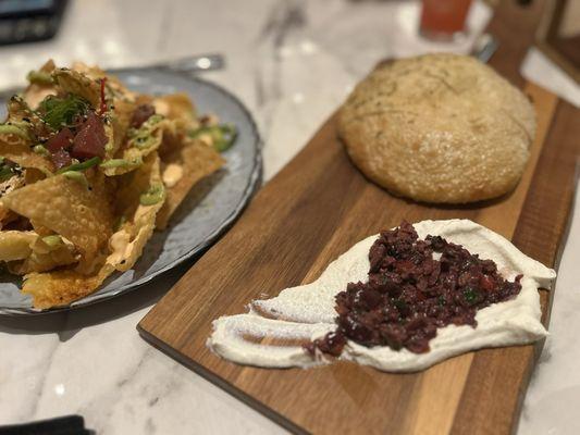 Ahi Poke Nachos and Focaccia w/ Olive Tapenade