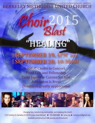 This weekend is our annual free Choir Blast and Japanese Food Sale!
Please bring your friends Sat. 9/19 at 4pm and Sun. 9/20 at 10:30am