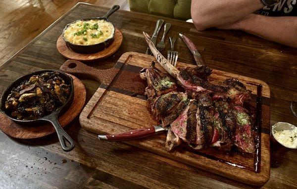 Tomahawk for 2 (medium rare) with macaroni & brussel sprouts.