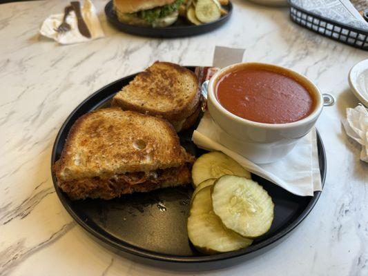 Birria melt with tomato soup