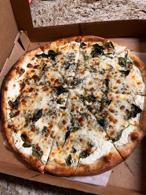 Large white spinach pizza. My favorite!!