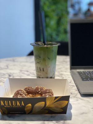 Matcha brown sugar boba drink and toffee crunch mochi donut.