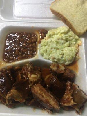 Rib tips, baked beans, Cole slaw