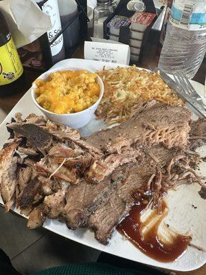 Brisket, pulled pork, cornbread casserole and hash browns