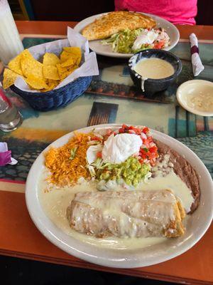 Chimichanga, dip and chips