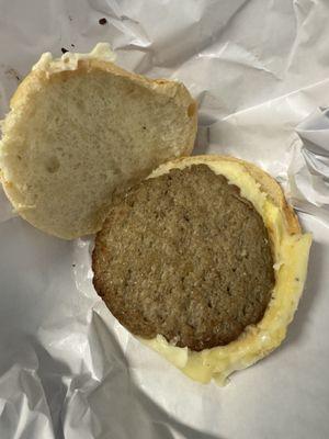 Sausage egg and cheese on an everything bun