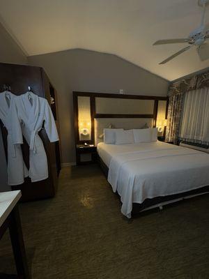 Bed, and luxury bathrobes.