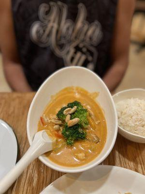 Panang Curry (peanuts) ~ Stir fried nutty sauce, basil, bell peppers, broccoli, peanuts, choice of meat