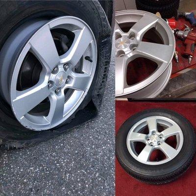 Rashed rim and blown tire.