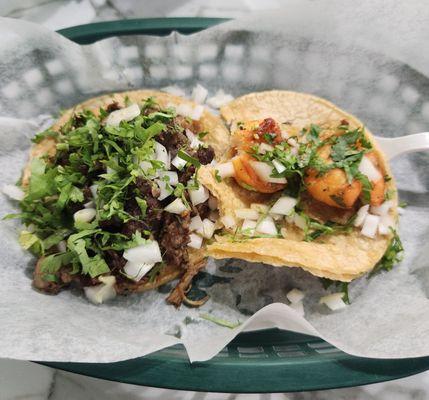Barbacoa and Shrimp Tacos with Onion and Cilantro