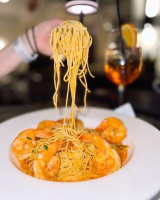 My favorite dish so far is Shrimp Scampi at Toscana on Main for Dinner with a Aperol Spritz
