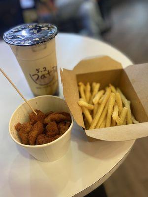 Onion and sour cream fries, Crispy Chicken Snack, Tiger Brown Sugar Milk Tea