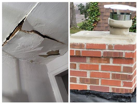 Water was found to be running down the chimney and flashing was leaking. Repaired the flashing, refreshed the crown and installed a new cap.