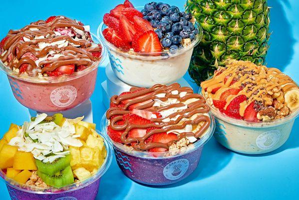 Try one of our many different bowls. Choose from one of our 7 unique bases. Acai, Coconut, Mango, Pitaya, Banana, Green and Stupid Cupid!