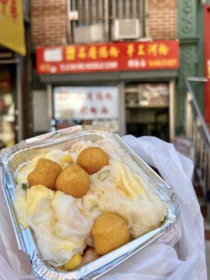 Shrimp rice roll with scallion egg corn and fish ball