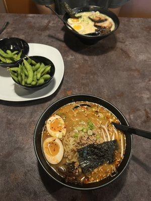 Spicy ramen, lotus ramen, and edamame
