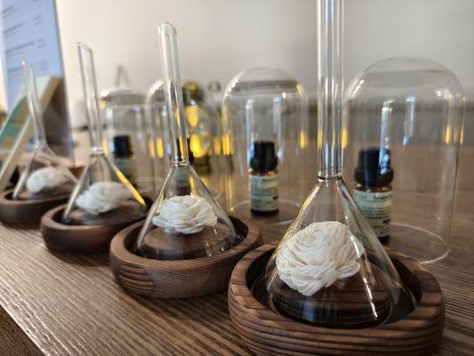 Essential oils selection area - customized blends for scalp and aroma therapy.