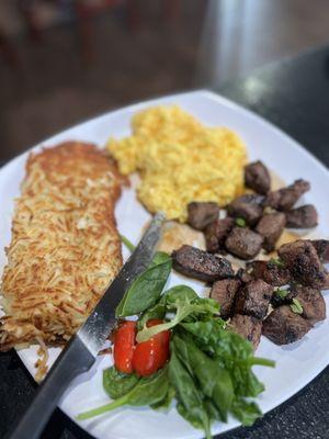 Steak tips and eggs