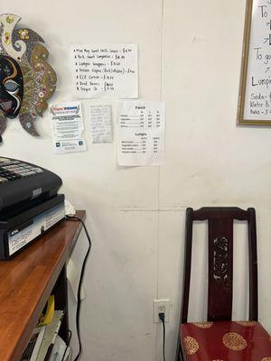 Menu for pancit lumpia and more.