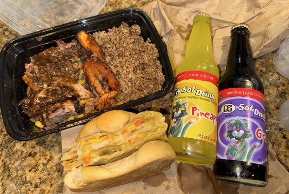 Jerk Chicken , Veggie Pattie W/CocoBread , Pineapple&Grape Jamaican Soda