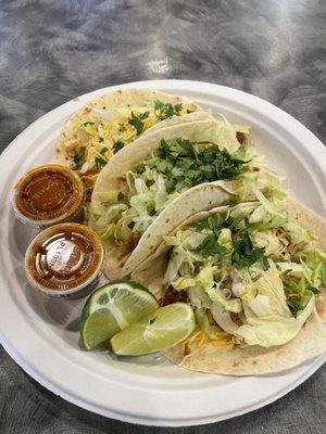 2 chicken tacos, 1 pastor taco