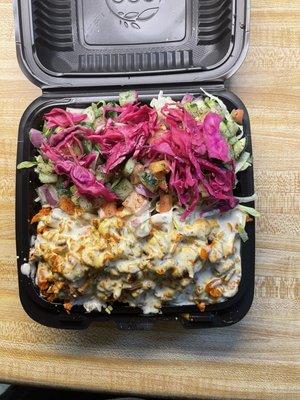 Chicken over rice, double salad instead of fries.