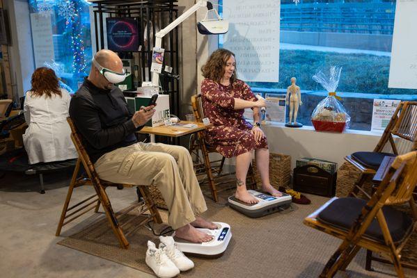 Relax, stop pain, and boost your energy in just 20 min w/ PEMF, Redlight, infrared heat foot rests, wand massage and goggle massage devices