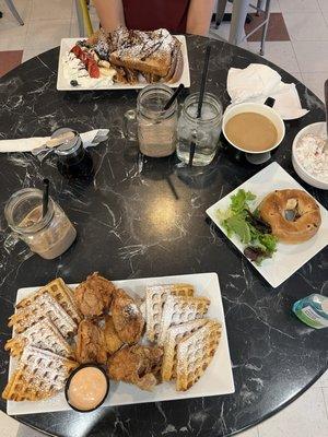 Chicharrones de Pollo & Waffles, Classic French Toast, Organic Greek Yogurt & Cinnamon Raisin Bagel