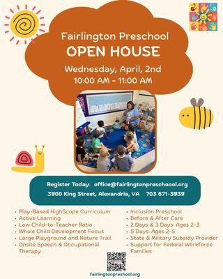Fairlington Preschool Open House. Wednesday, April 2, 10 - 11am.