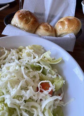 Nice salad and fresh garlic rolls.