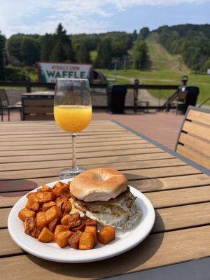 Mimosa, breakfast sandwich