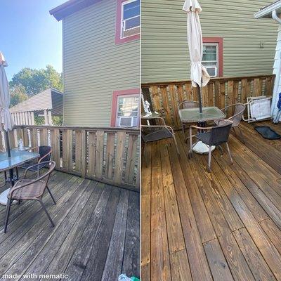 Before and after a wooden deck not being cleaned