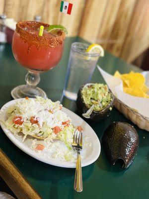 Tostada, chips, their homemade guacamole, and a super yummy margarita!