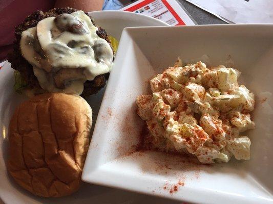 Swiss mushroom burger with homemade potato salad