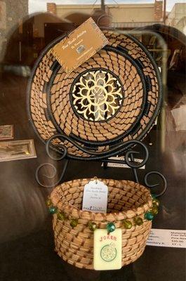 Pine needle baskets by Fran DeVries with incorporated beads, carvings and more!